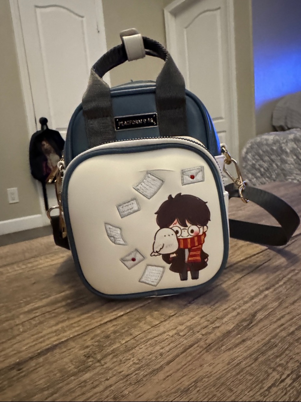 Blue and White Mini Crossbody Bag with Character Print